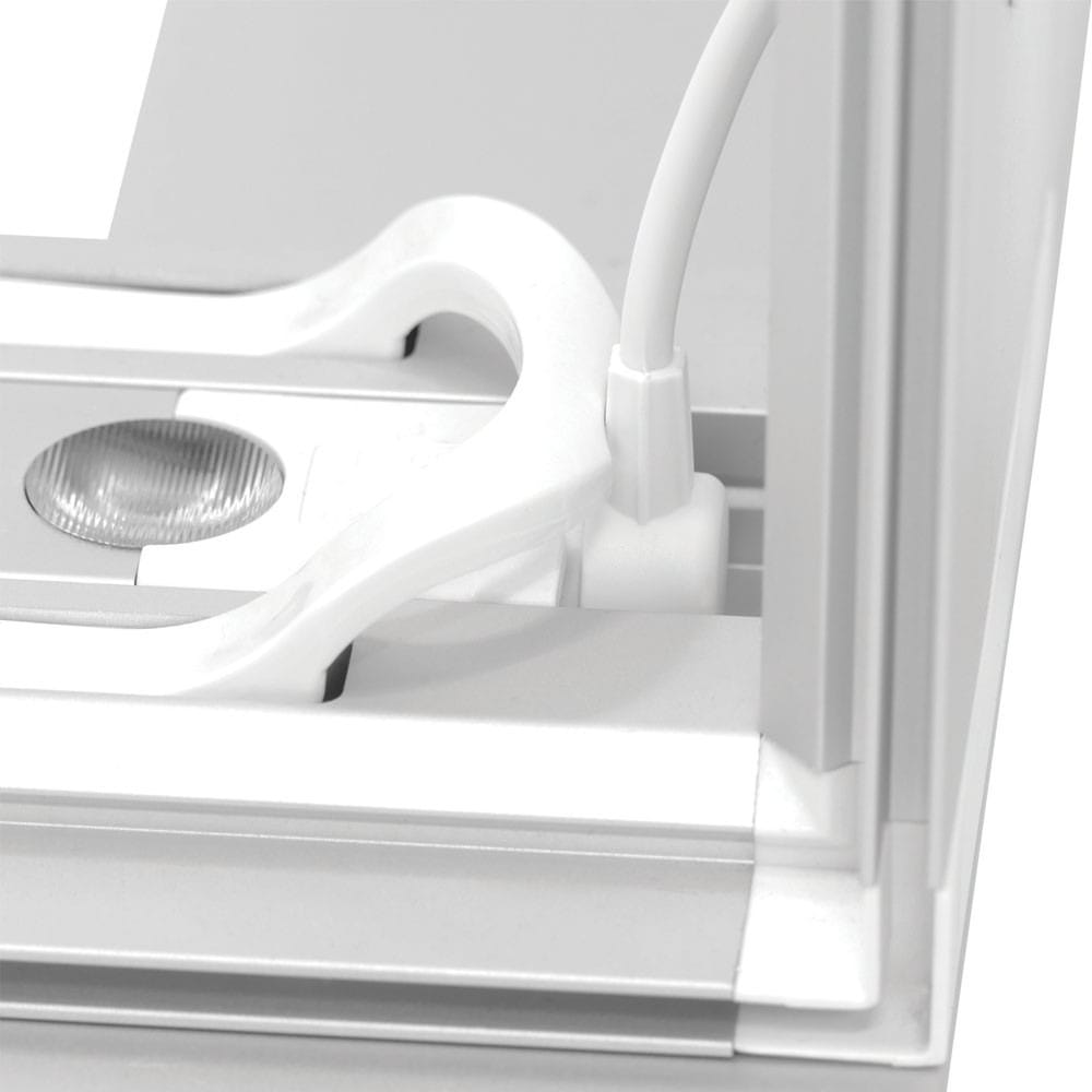 Backlit lightbox frame corner with power connector and LED light